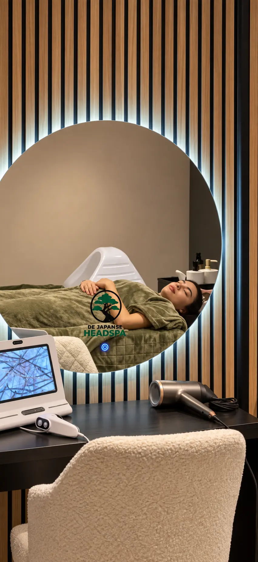 Ontspannen klant in de warme behandelruimte van De Japanese Head Spa Rotterdam